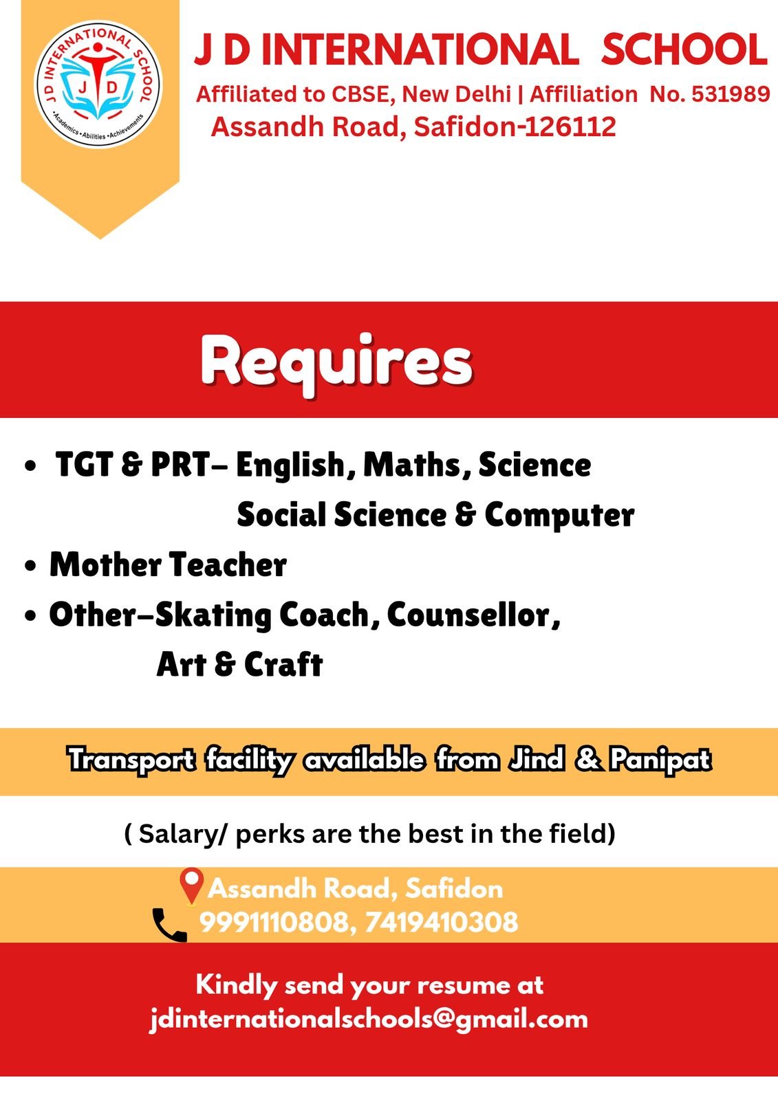 Teaching Job in J D International School, Safidon, Jind, Haryana