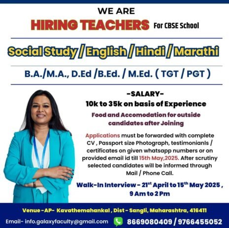 Teachnig job in CBSE School”,  Kavathemahankal, Sangli, Maharashtra