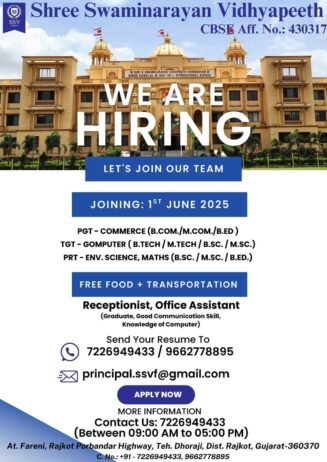Teaching opportunity at Shree Swaminarayan Vidyapeeth, Dhoraji , Rajkot, Gujarat