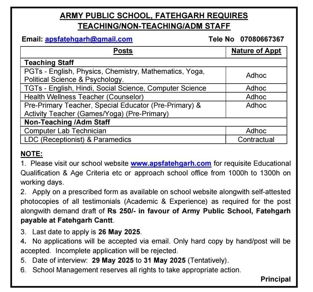 Teaching job in Army Public School, Fatehgarh, Farrukhabad, Uttar Pradesh