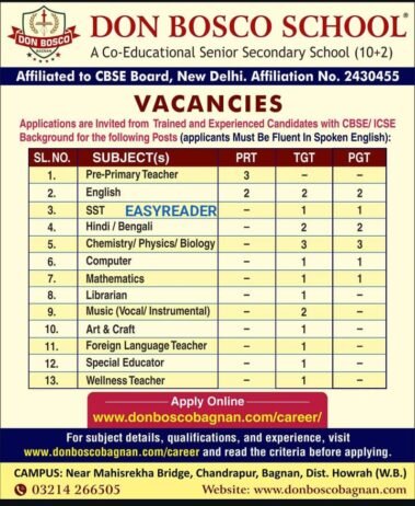 Teaching job in Don Bosco School, Bagnan, Howrah,  West Bengal