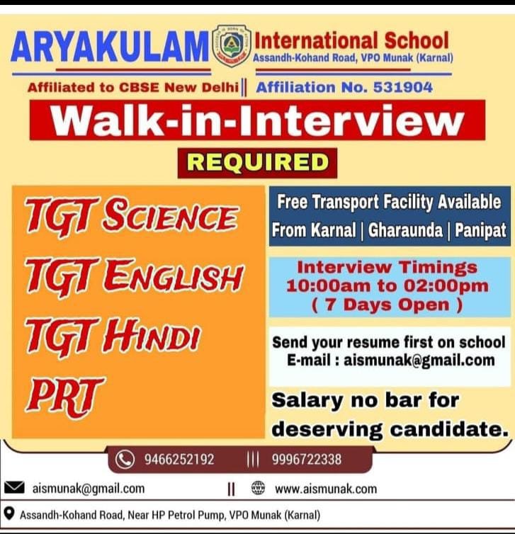 Teaching job in Aryakulam International School, Assandh, Karnal, Haryana