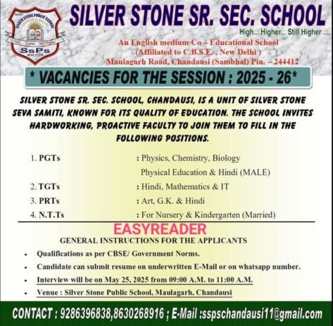 Teaching job in Silver Stone Senior Secondary School, Chandausi, Sambhal, Uttar Pradesh