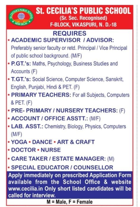 Teaching job in Delhi ,St. Cecilia’s Public School, Vikaspuri, West Delhi