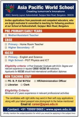 Teaching opportunity  Bangalore at Asia Pacific World School (APWS), Bangalore Urban, Karnataka