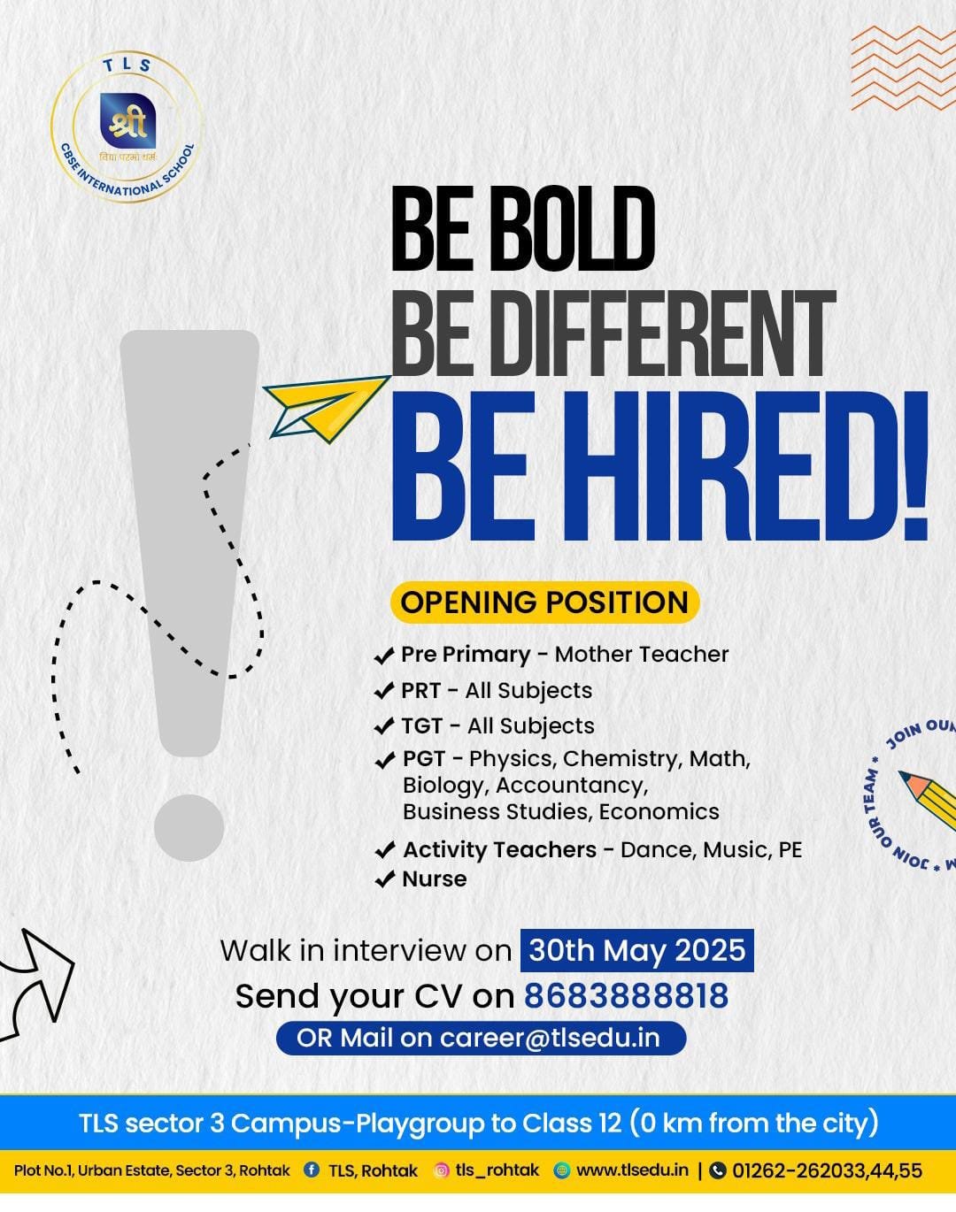 Teaching job in Rohtak | TLS CBSE International School, Rohtak, Haryana