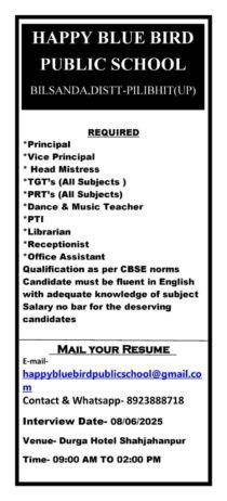 Teaching vacancy in Pilibhit | Happy Blue Bird Public School, Bilsanda,  Pilibhit, Uttar Pradesh