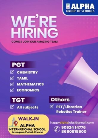 Teaching job in Chennai | Alpha International School, Puzhal, Chennai, Tamil Nadu