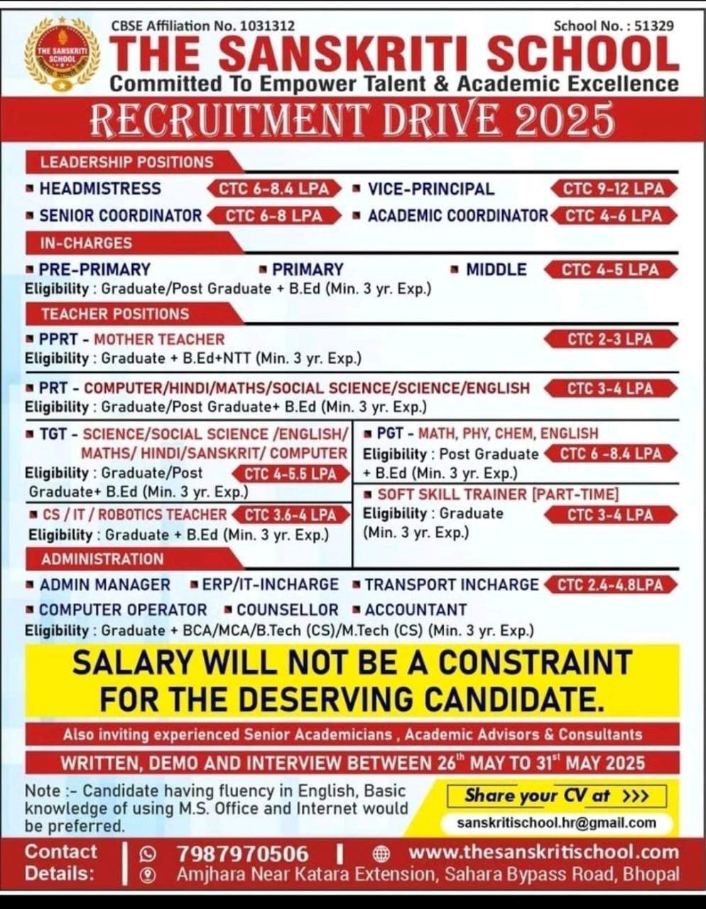 Teaching Job Vacancy at The Sanskriti School, Bhopal, Madhya Pradesh
