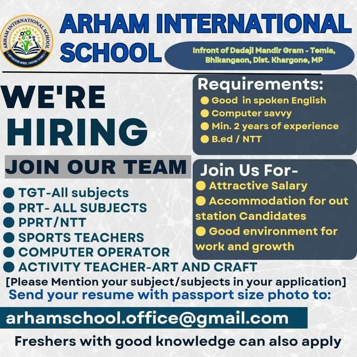 Teaching job at Arham International School, Khargone, Madhya Pradesh