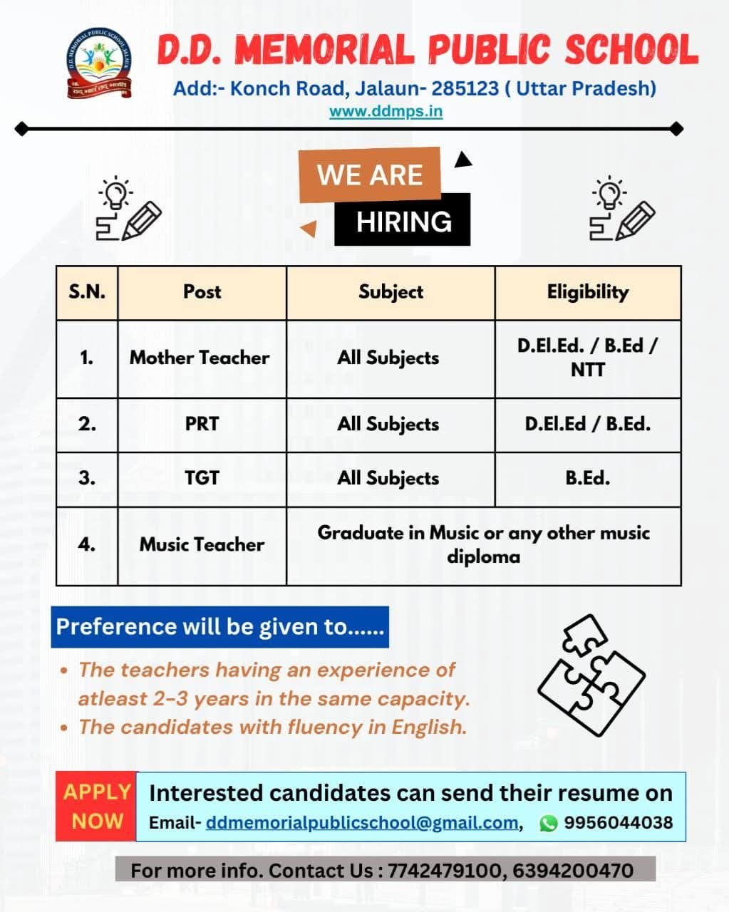 Teaching Jobs in D.D. Memorial Public School, Jalaun, Uttar Pradesh