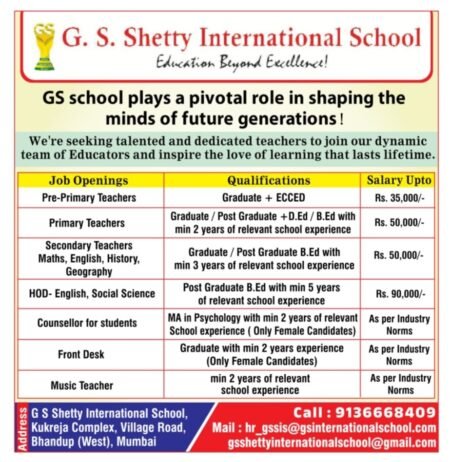 Teacher Recruitment at G. S. Shetty International School, Mumbai, Maharastra
