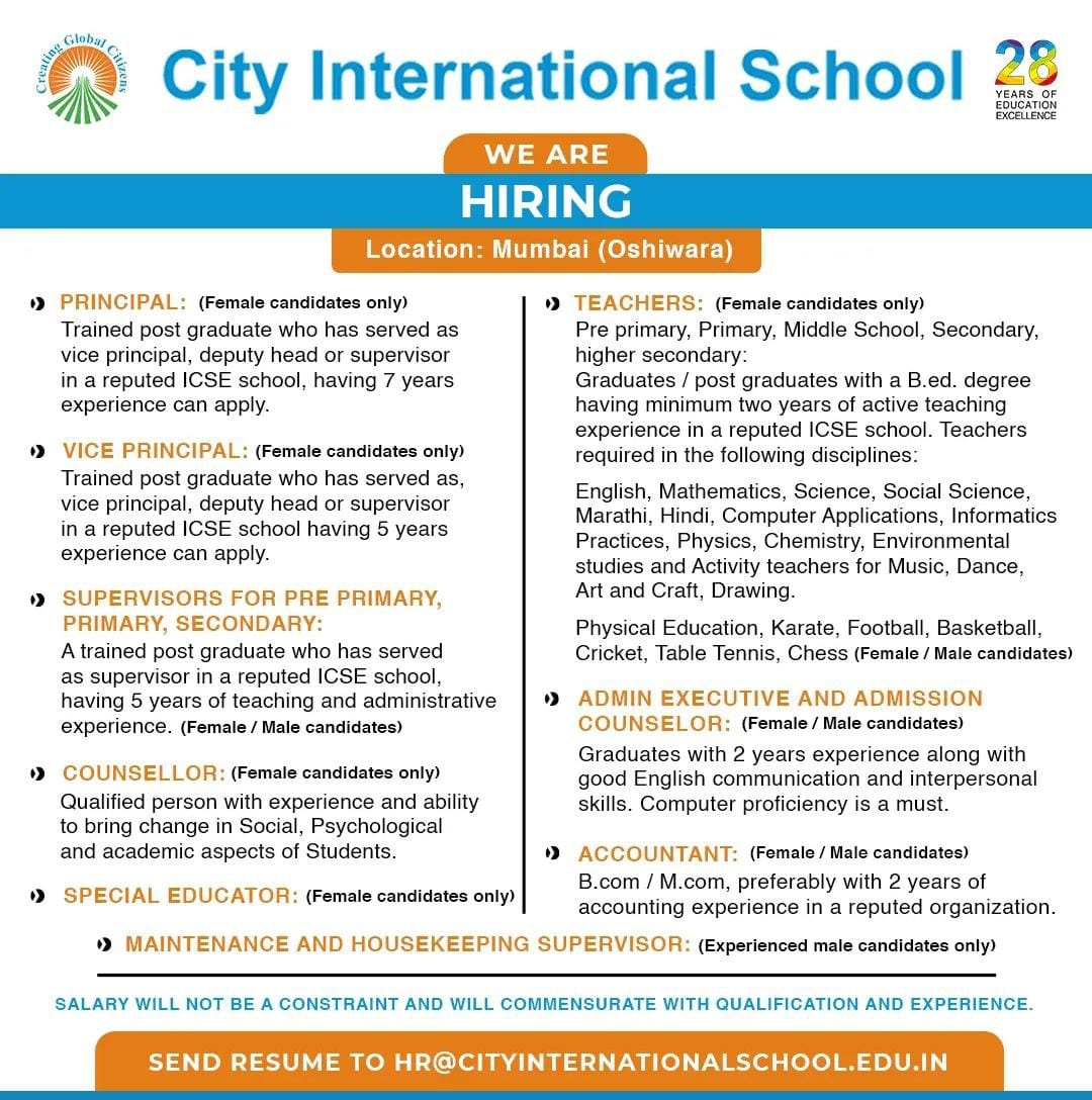 Teacher Vacancies at City International School, Mumbai, Maharastra
