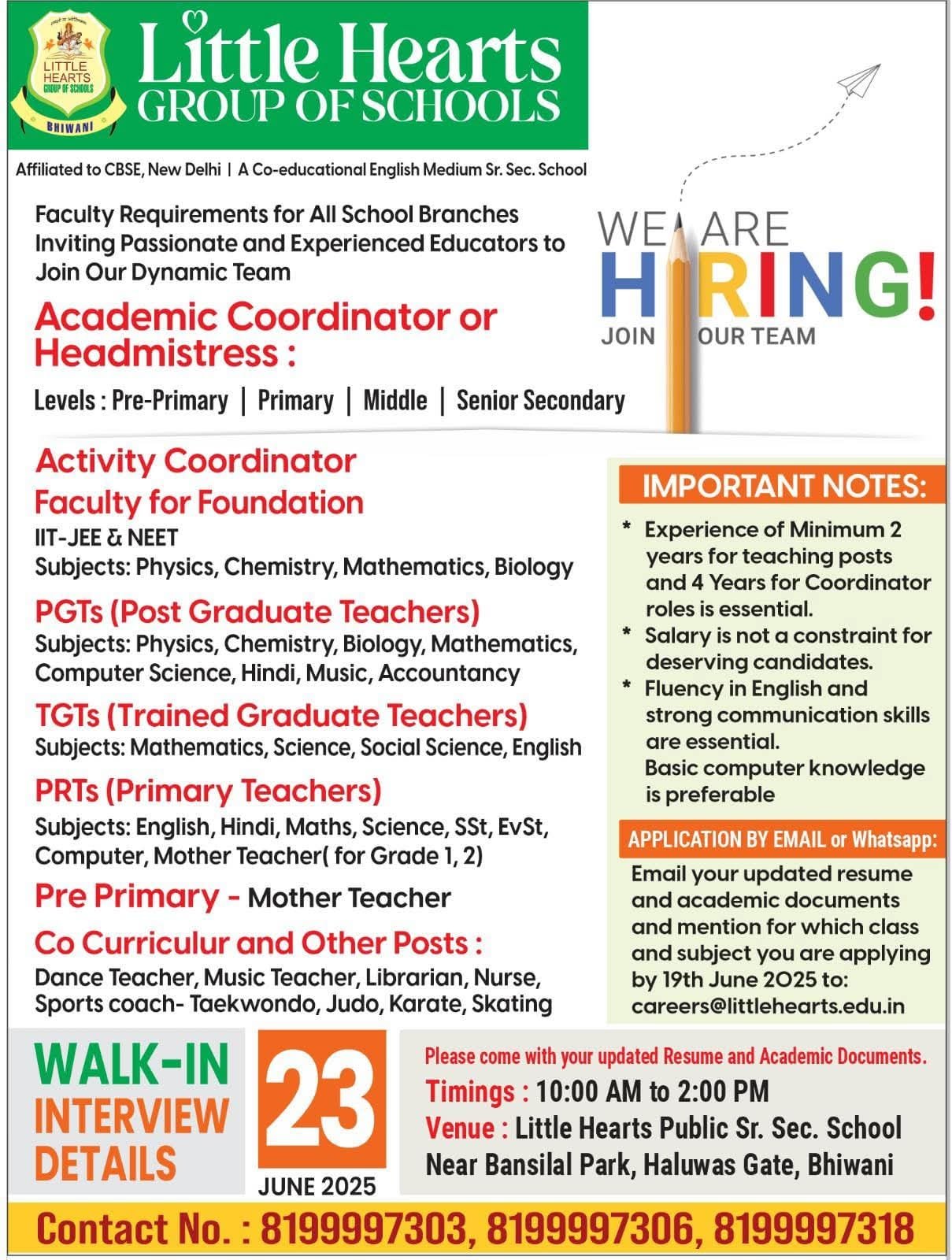 Teaching job in Bhiwani |Little Hearts Group of Schools, Bhiwani, Haryana