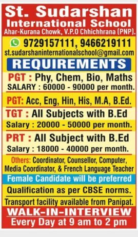 Teaching Job in Panipat | St. Sudarshan International School,  Panipat, Haryana