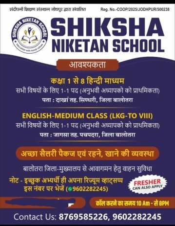 Teaching Job in Balotra | Shiksha Niketan School, Balotra, Rajasthan.