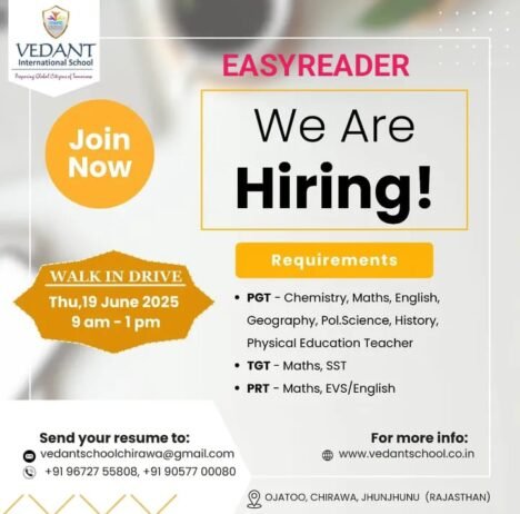 Teaching Jobs in Rajasthan | Vedant International School, Jhunjhunu (Rajasthan)