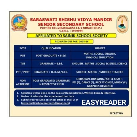 Teaching Job in Neemuch | Saraswati Shishu Vidya Mandir Senior Secondary School, Neemuch, MP
