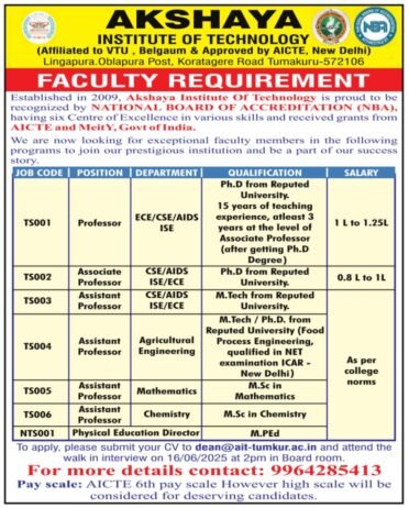 Teaching job in Tumakuru | Akshaya Institute of Technology, Tumakuru, Karnataka