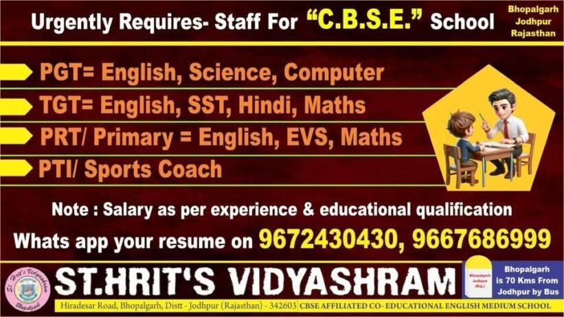 Teaching Job in jodhpur | St. Hrit’s Vidyashram, Jodhpur, Rajasthan