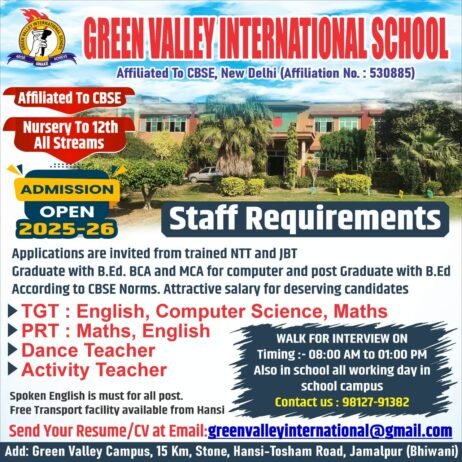 Teacher Vacancies  in Jamalpur | Green Valley International School, Jamalpur (Bhiwani), Haryana