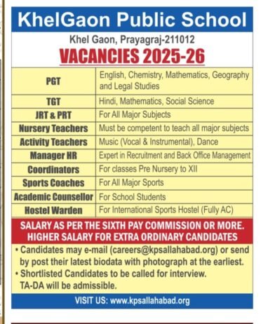 Teaching Job in Prayagraj | KhelGaon Public School, Prayagraj, UP