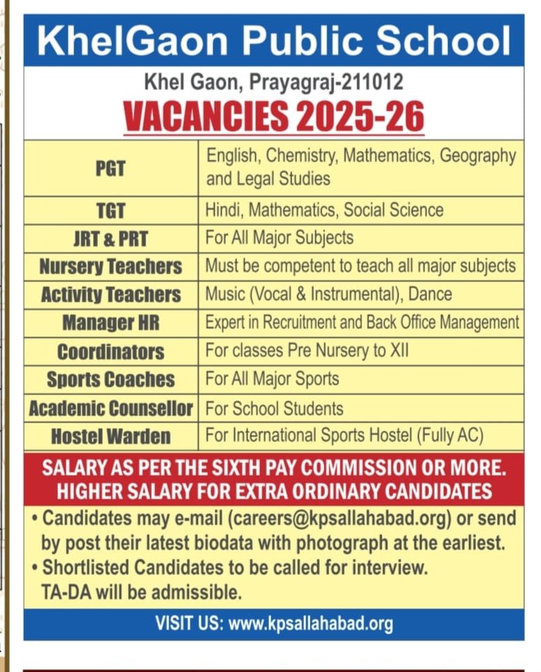 Teaching Job in Prayagraj | KhelGaon Public School, Prayagraj, UP