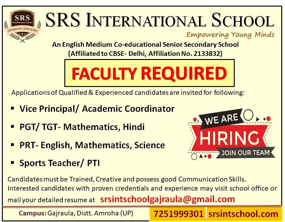 Teaching job in Amroha | SRS International School, Gajraula, Amroha, Uttar Pradesh