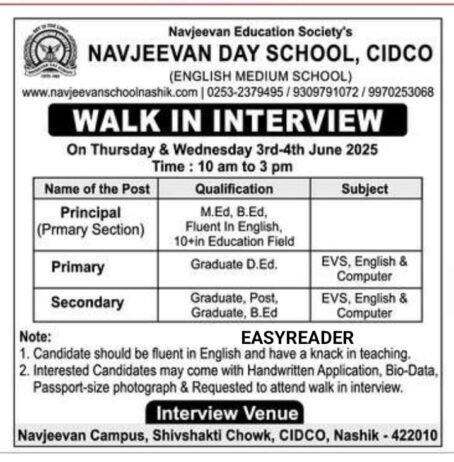 Teaching job in Nashik | Navjeevan Day School, CIDCO, Nashik, Maharashtra