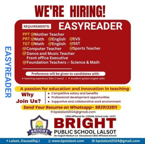 Teaching job in Dausa | Bright Public School, Lalsot, Dausa, Rajasthan