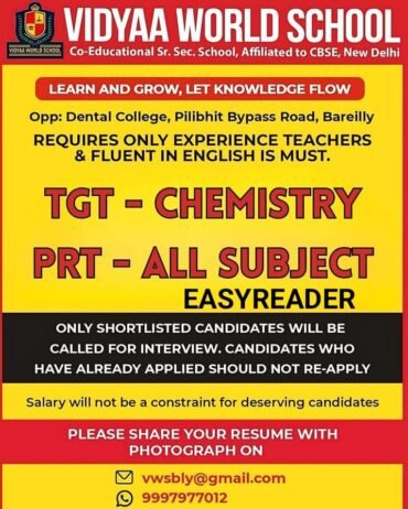 Teaching job in Bareilly | VIDYAA WORLD SCHOOL, Bareilly, Uttar Pradesh