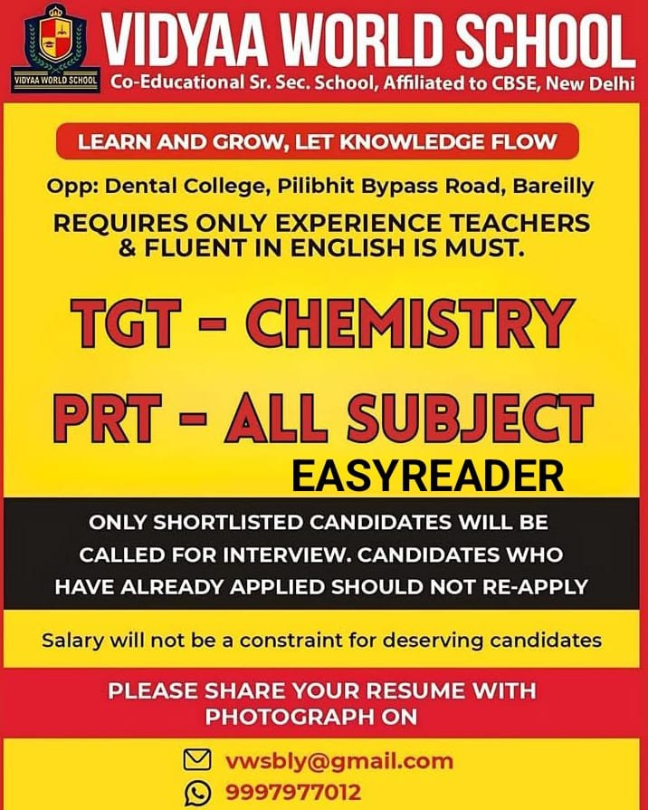 Teaching job in Bareilly | VIDYAA WORLD SCHOOL, Bareilly, Uttar Pradesh