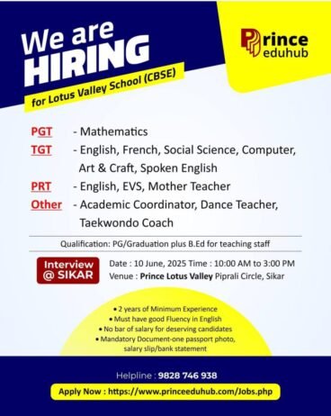 Teaching job in Sikar | Lotus Valley School (CBSE), Sikar, Rajasthan