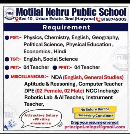 Teaching job in Jind | Motilal Nehru Public School, Urban Estate, Jind, Haryana