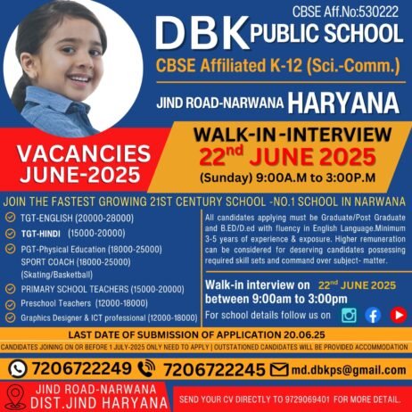 Teaching job in Jind | DBK Public School, Narwana, Jind, Haryana