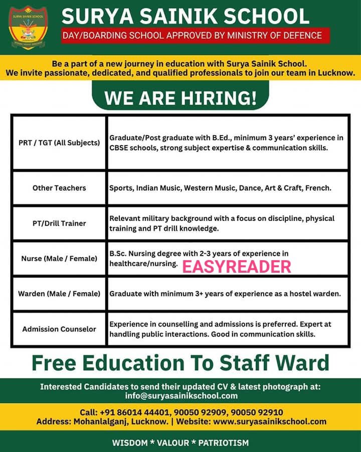 Teaching Job in Mohanlalganj | Surya Sainik School, Lucknow, UP