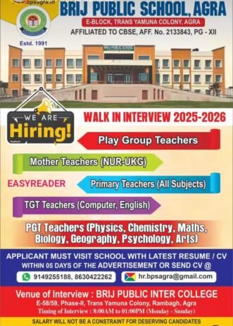 Teaching Job in Agra | Brij Public School, Agra, Uttar Pradesh