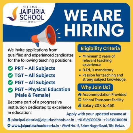 Teaching job in Deoria | Seth M.R. Jaipuria School, Deoria, UP
