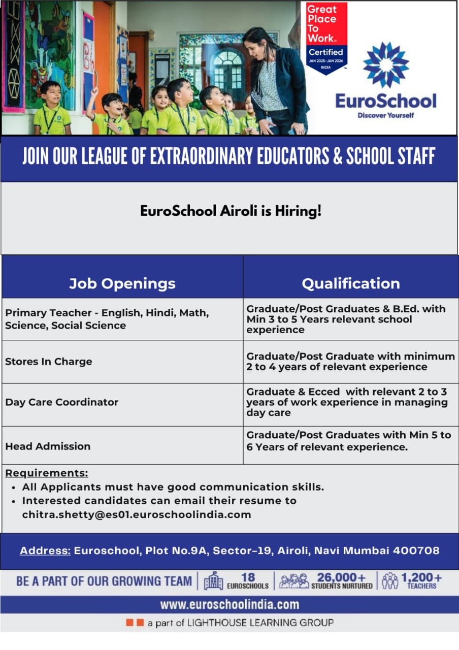 Teaching job in Navi Mumbai | EuroSchool Airoli, Navi Mumbai, Maharastra