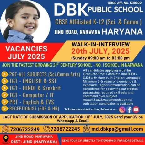 Teaching Job in Narwana | DBK Public School, Narwana, Jind, Haryana