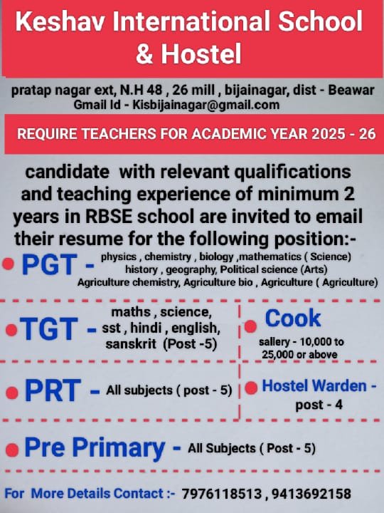Teaching Job in Keshav International School & Hostel, Bijainagar, Rajasthan