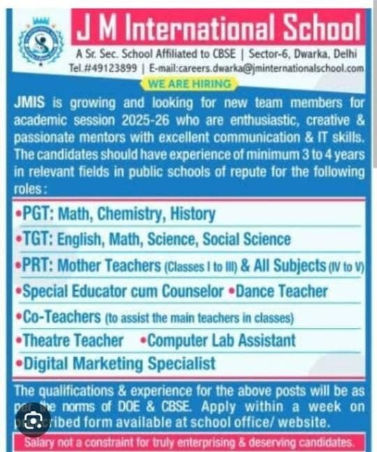 Teaching Vacancies in Delhi | JM International School, New Delhi, Delhi