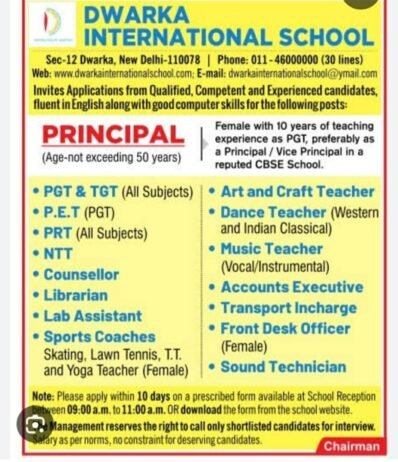 Teaching job in New Delhi | Dwarka International School, New Delhi, Delhi