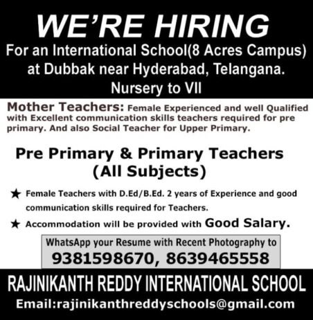 Teaching job in Rajinikanth Reddy International School, Hyderabad, Telangana