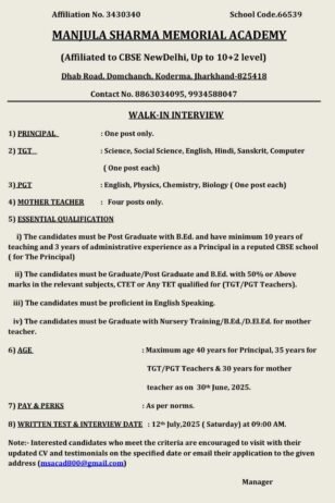 Teaching Job in Koderma | Manjula Sharma Memorial Academy, Koderma (Jharkhand)