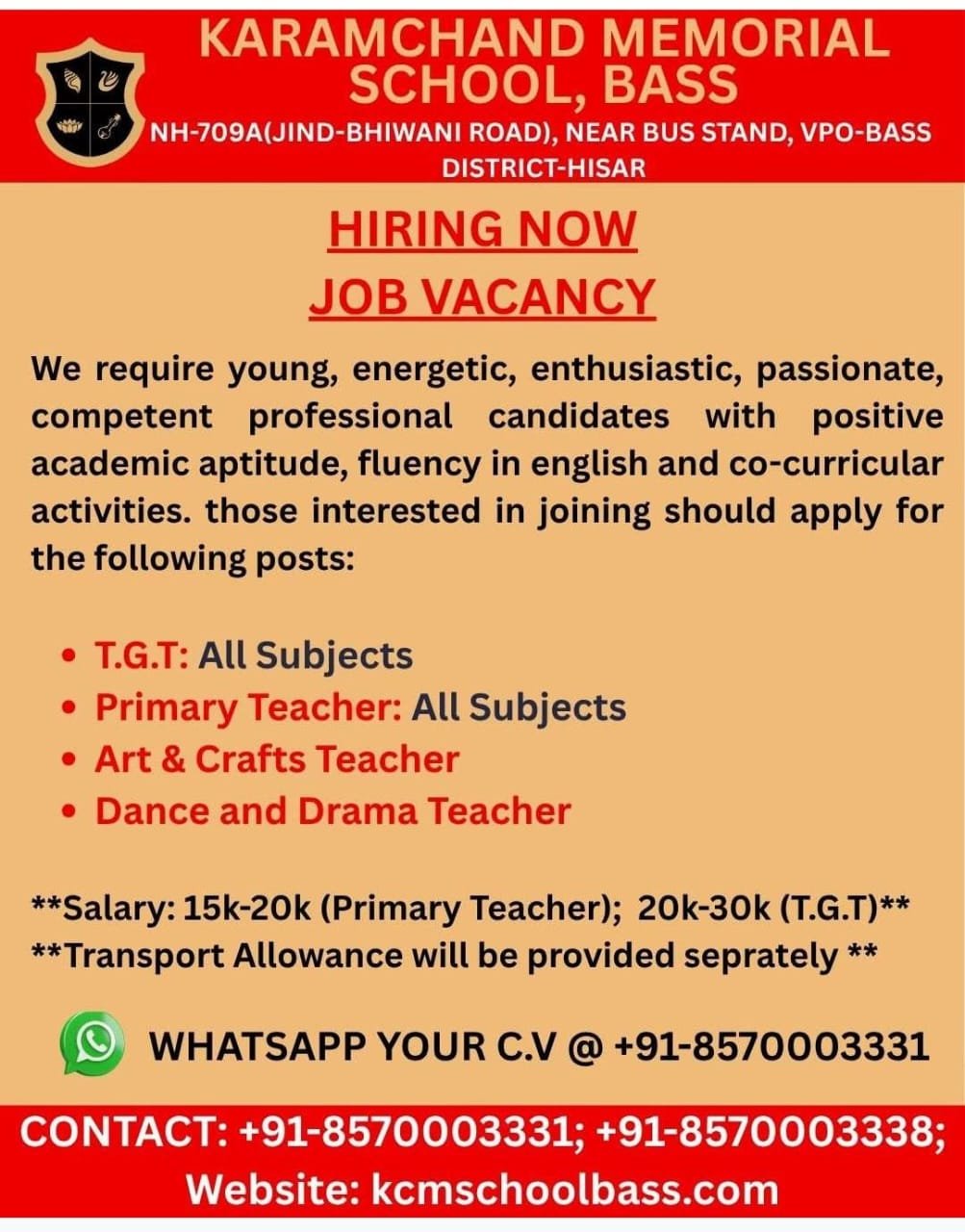 Teaching Job in Hisar | Karamchand Memorial School, Bass, Hisar, Haryana