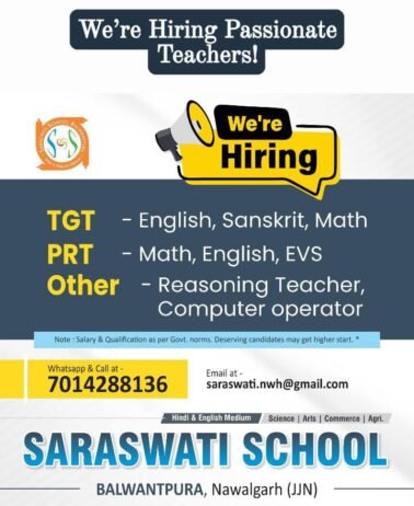 Teaching Job in Balwanpura | Saraswati School, Balwanpura, Nawalgarh