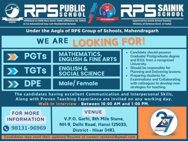 Teaching Joobs in Hansi, Haryana | RPS Public & Sainik School Hansi, Hisar Hiring PGT, TGT & DPE Teachers