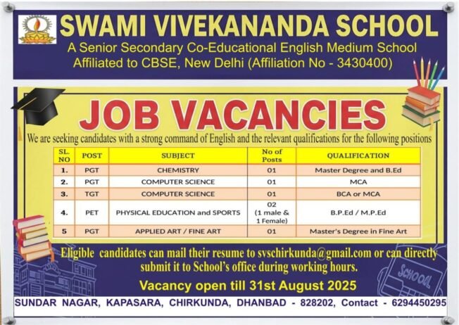 CBSE School Jobs in Jharkhand | Swami Vivekananda School Dhanbad Hiring PGT, TGT & PET Teachers
