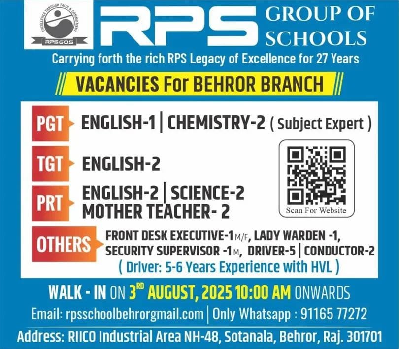 Teaching job in Behror | RPS Group of Schools, Behror, Rajasthan